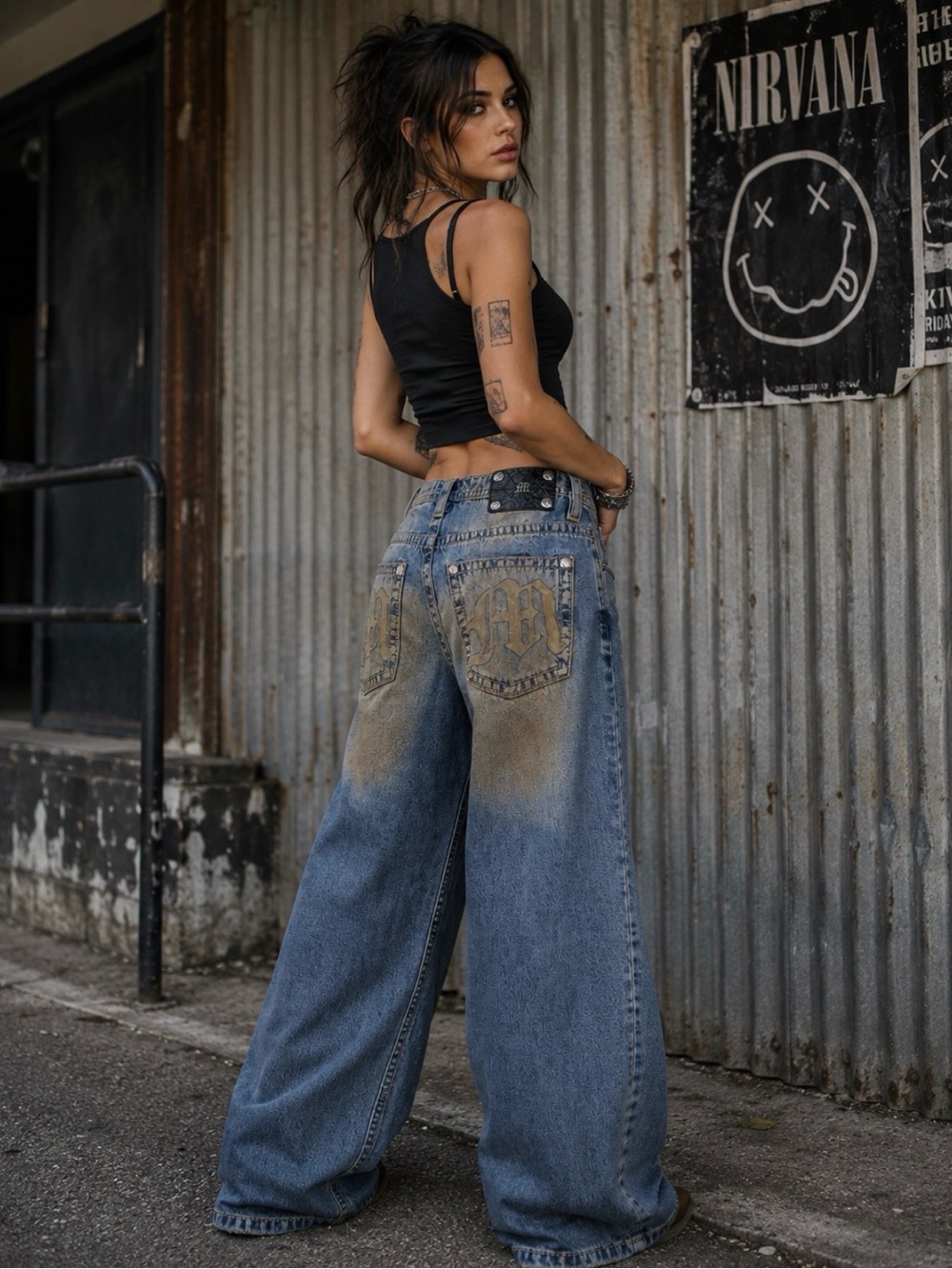 NWT Miss Me Super Baggy Wide Leg Jeans 24x30 Embellished Western Grunge Y2K - Picture 2 of 15